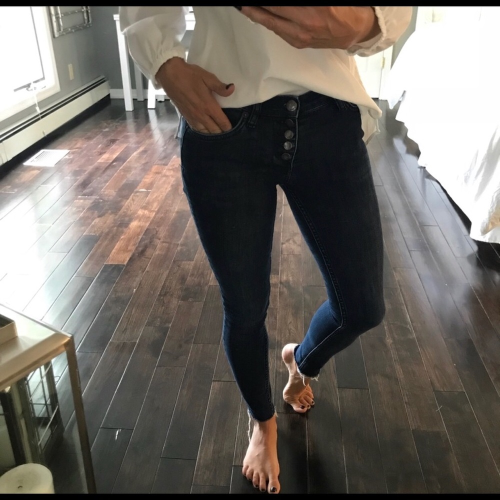 Free People Dark Denim Button Fly Skinny Jeans
